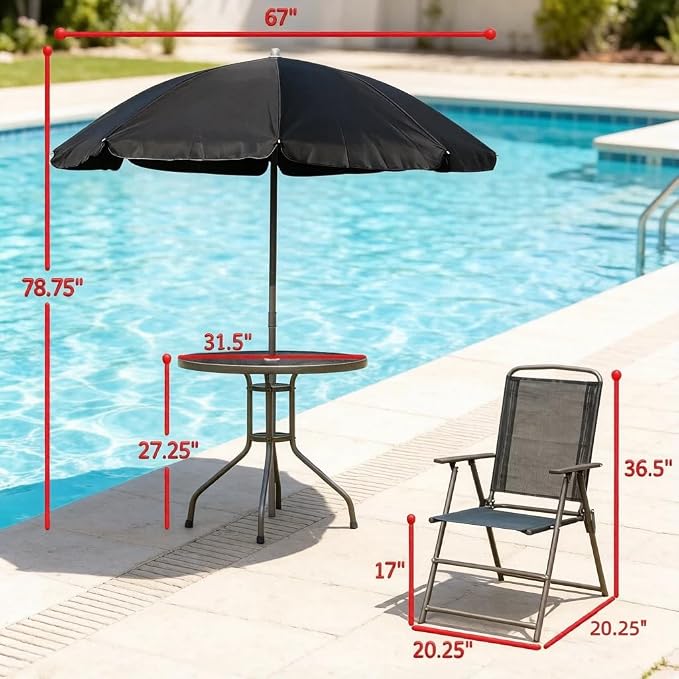 6-Piece Outdoor Dining Set with Umbrella, 4-Person Patio Furniture Set, Folding Chairs & Tempered Glass Table, 31.5" Dia. Table