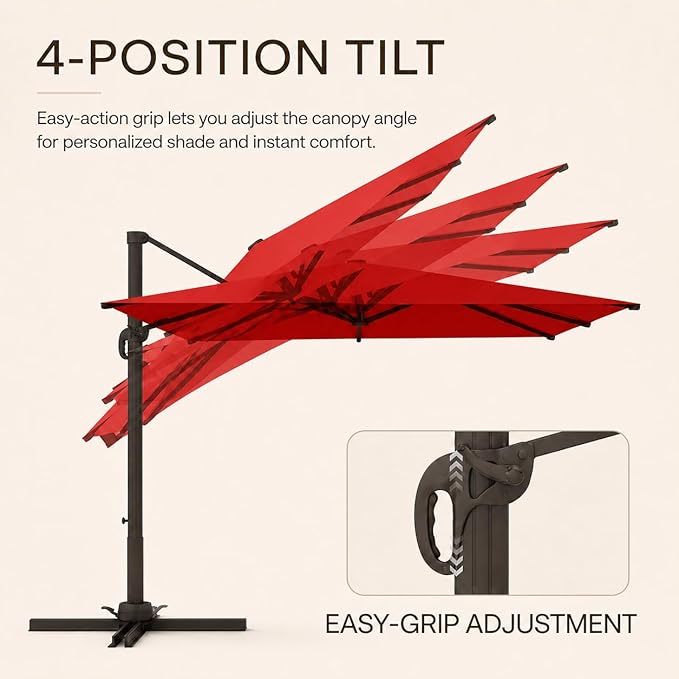 Kingdura 10x10 FT Cantilever Patio Umbrella with Base Included, Large Square Aluminum Offset Outdoor Pool Umbrella, 360° Rotation & 4-Position Tilt, UV Protection for Deck Backyard (Red)