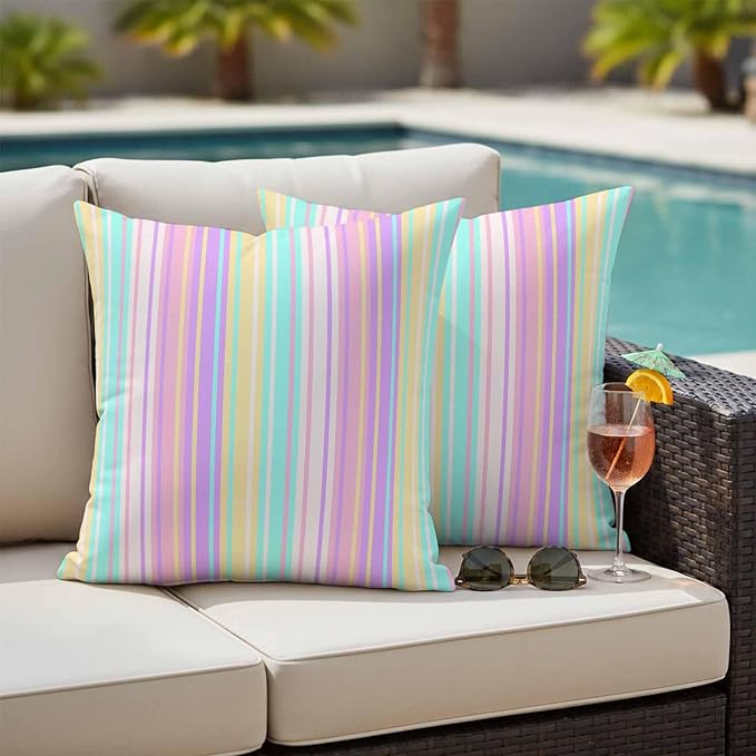 Pink Aqua Stripes Outdoor Pillow Covers 18x18 Inch Throw Pillow Covers Set of 2 Waterproof Decorative Pillow Cases Geometric Yellow Geometric Cushion Covers for Patio Furniture Garden Couch Sofa