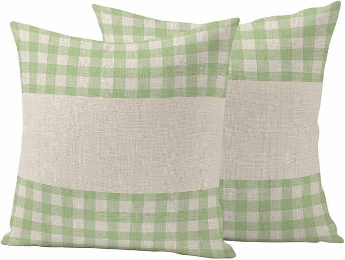 Retro Green Outdoor Waterproof Pillow Covers, Farmhouse Buffalo Plaid Vintage Beige Decorative Square Throw Pillowcase Sofa Cushion Sham for Patio/Couch/Chair, 16"x16" 2 Pack