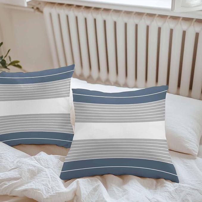 Haze Blue Grey Stripe Outdoor Pillow Covers Waterproof, All Weather Cushion Case Set of 2, Modern Art Horizontal Striped Decorative Pillowcases for Sofa Couch Bed Decor Patio Furniture 16"x16"