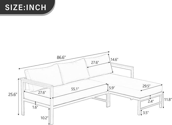JIVOIT Outdoor L-Shaped Sofa with Iron Frame, Metal Patio Sofa Set with Ultra-Thick Cushions, Comfortable Seating for 3, Ideal for Patio, Balcony and Garden (Beige/35)