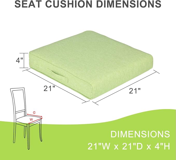 Aoodor Patio Chair Cushions Set of 2, 21 x 21 x 4 Inch Water Resistant Outdoor Seat Cushions with Handle and Ties, Square Corner Cushions for Patio Furniture Garden Lawn, Green
