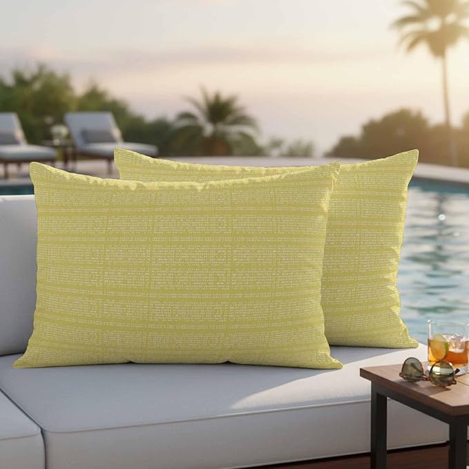 Outdoor Waterproof Throw Pillow Covers Set of 2 Yellow Stripes Grain Lumbar Pillowcases 20x12 Inches Solid Color Decorative Pillows Cushion Case Patio Pillows for Couch Bed Chair Garden