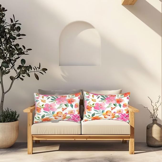 Outdoor Pillows Waterproof Set of 2 Outdoor Pillow Covers 16x24 Inch, Red Throw Pillows Flower Pillow Covers, Summer Garden Decorative Pillows Outdoor Pillows for Patio Furniture Car Home Decor -hs317