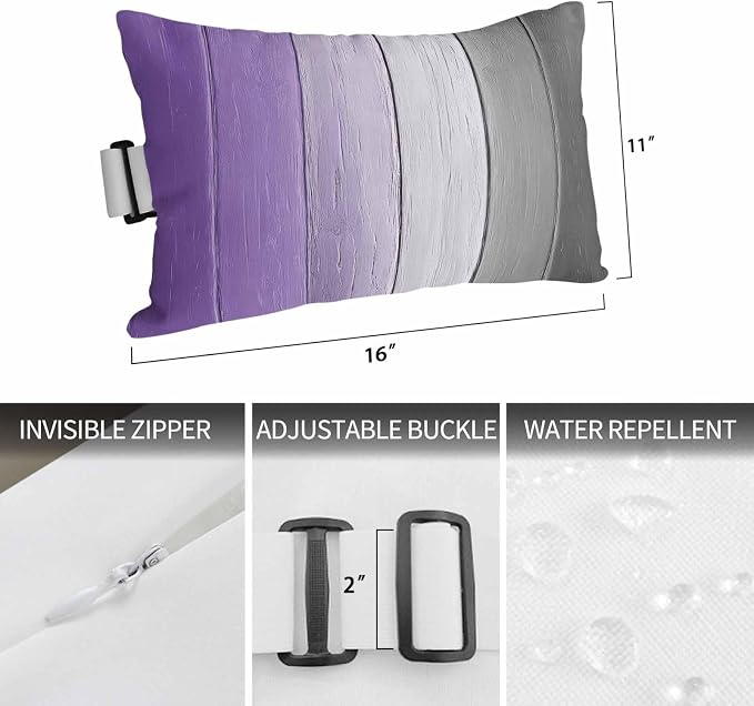 Purple Gray Ombre Outdoor Pillows for Chaise Lounge Chair Beach Headrest Pillow Set of 2 Waterproof Lumbar Pillows with Insert&Strap Vintage Country Wooden Recliner Neck Pillow for Patio Pool 11"x16"