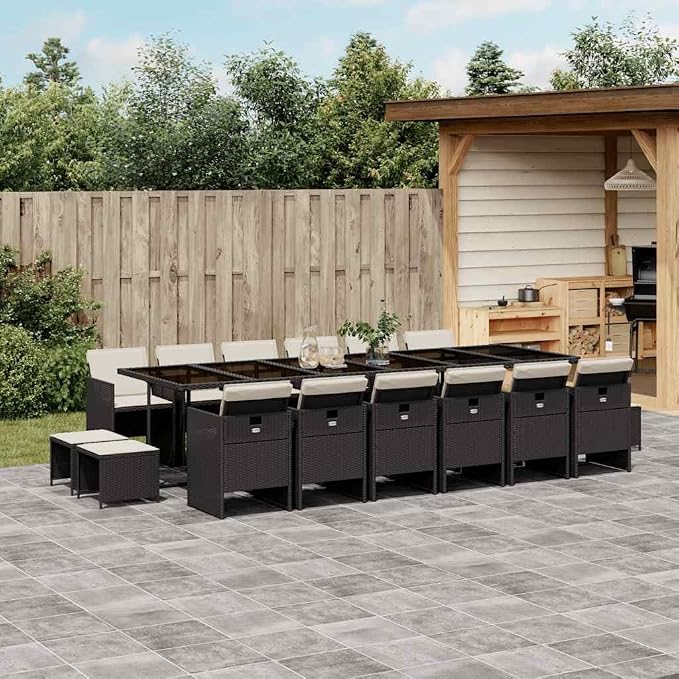 17-Piece Garden Dining Set, Black Poly Rattan Outdoor Table and Chairs Set, 16 Seater Large Patio Furniture for Backyard Terrace Gatherings Dinner Parties