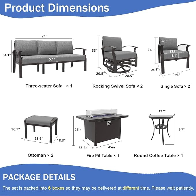 Aluminum Patio Furniture Set with Fire Pit Table, 9 Seats Outdoor Patio Conversation Sets with Swivel Chair Modern Metal Sectional Sofa with Upgrade Cushions for Patio, Backyard - Grey