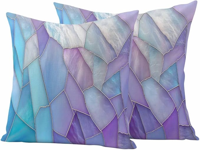 Blue Purple Gradient Outdoor Waterproof Pillow Covers Set of 2, Abstract Glass Geometric Marble Modern Pillowcase Decorative Throw Cushion Cases for Patio Garden Couch 20 x 20 Inches