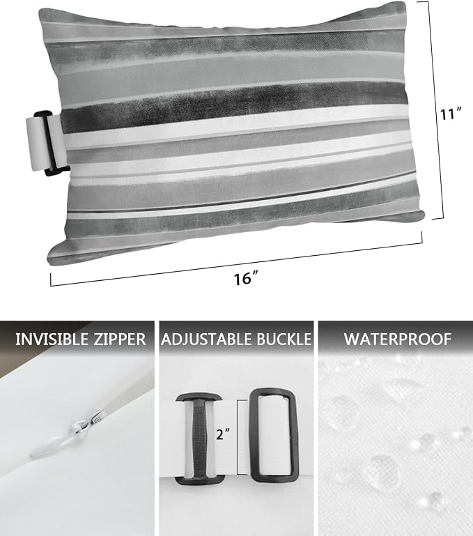 Outdoor Pillows Covers with Inserts Northern Europe Grey Vintage Stripes Waterproof Recliner Pillow with Adjustable Strap Throw Pillows for Patio Furniture Pool Lounge Chair, 11x16 inch, 1PCS