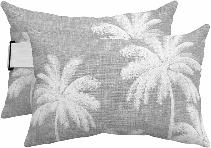 Pack of 4 Outdoor Lumbar Pillow Covers 11x16 Inch, Grey Palm Trees Waterproof Throw Pillow Covers Set, Farmhouse Tropical Summer Beach Indoor&Outdoor Decorative Cushion Cases for Patio Porch Car