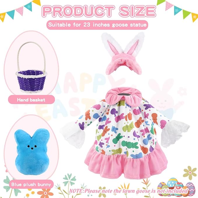 Easter Goose Outfit with Purple Basket for 23" Porch Goose Holiday Bunny Hat Costume Easter Party Outdoor Garden Patio Yard Lawn Art Decoration
