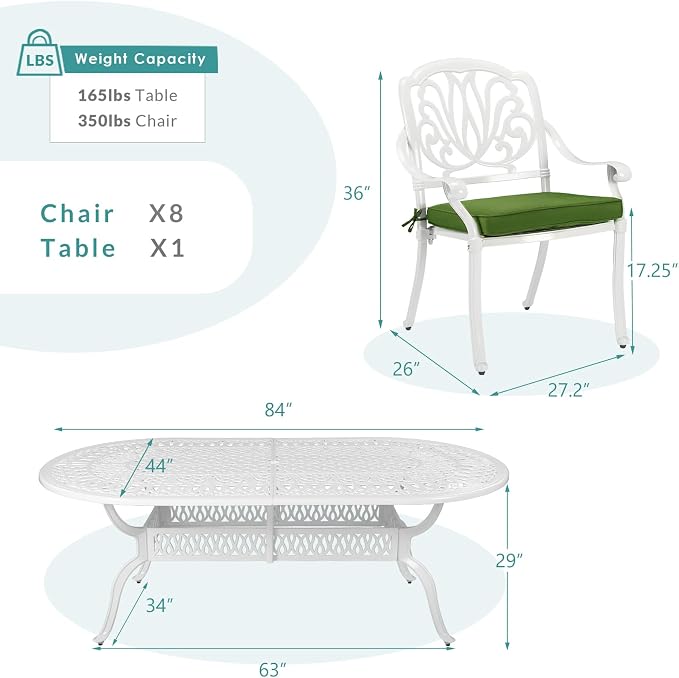 MEETWARM 9-Piece Outdoor Patio Dining Set- 8 Outdoor Dining Cushioned Chairs and 1 Oval Table with 2" Umbrella Hole, All Weather Cast Aluminum Patio Funiture Set for Backyard, White