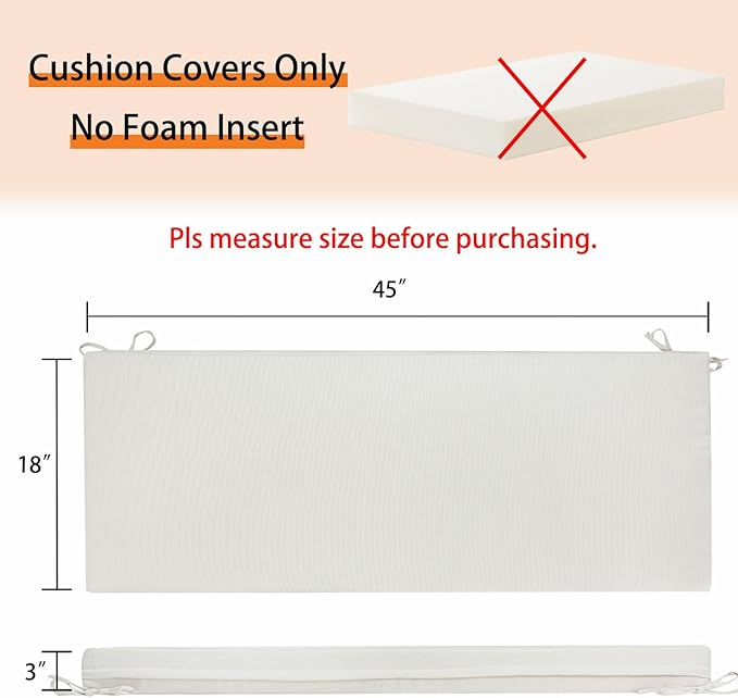 Magpie Fabrics Patio Bench/Swing Cushion Slip Cover 45 x 18 x 3 Inch, Water Resistant UV Protection Outdoor Furniture Loveseat Replacement Cushion Cover with Zipper (Recycled Cream White)