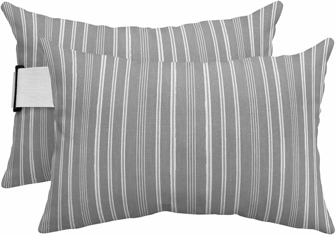 Pack of 2 Outdoor Lumbar Pillow Covers 12x20 Inch, Light Grey Striped Waterproof Throw Pillow Covers Set, Farmhouse Stripes Modern Vintage Indoor&Outdoor Decorative Cushion Cases for Patio Porch Car