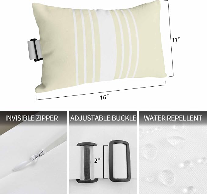 Outdoor Pillow for Chaise Lounge Chair White Striped on Yellow Headrest Pillow with Adjustable Elastic Strap Set of 2,11x16 inch, Modern Gradient Geometric Waterproof Head Pillows for Patio Pool