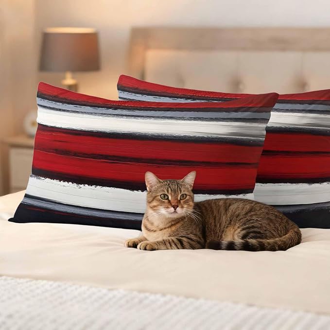 Red and Black Strip Outdoor Pillow Covers 20"x12" Set of 2, Classic Modern Art Waterproof Throw Pillow Covers for Patio Furniture, Decorative Cushion Covers for Porch