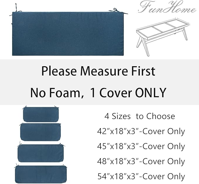 FUNHOME Outdoor Bench Cushion Cover 45 x18 x 3 inch,Water Resistant Cover with Zipper&Ties,Fade-Resistant Slipcover,Patio Porch Swing Cushion Cover Replacement Only,No Insert(Denim Blue)
