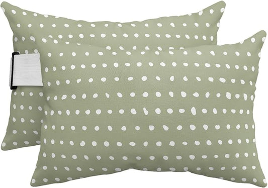 Chaise Lounge Headrest Pillow 2 Pack, Sage Green Waterproof Chair Pillows with Insert & Adjustable Elastic Strap for Beach Recliner, Abstract White Polka Dot Geometric Retro Art Outdoor Patio Pillow