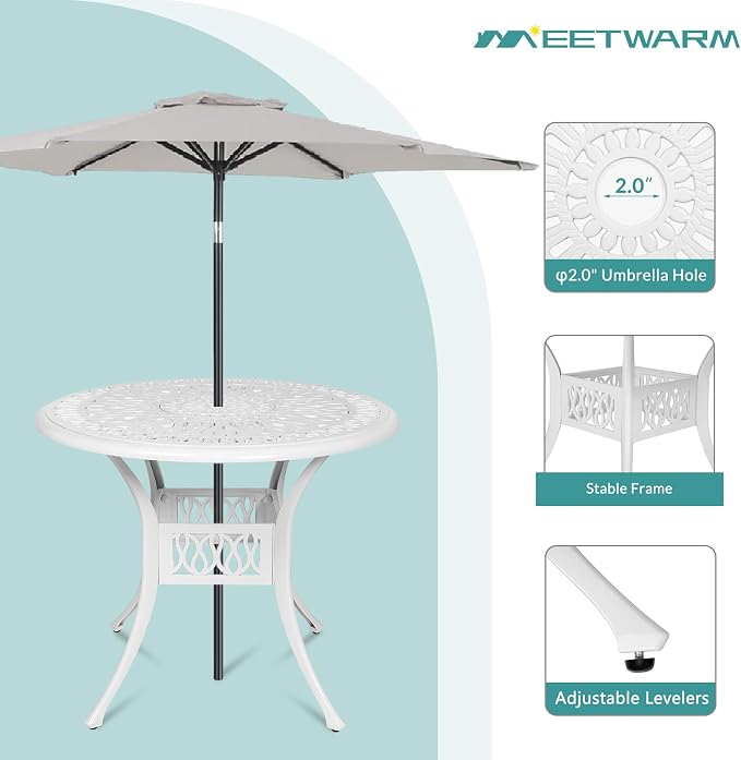 MEETWARM 5 Piece Patio Dining Set, Outdoor All-Weather Cast Aluminum Dining Table Set, Patio Furniture Set, Include 4 Chairs, 4 Cushions and 1 Round Table with Umbrella Hole, White