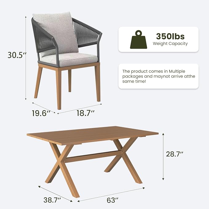 LayinSun 7 Piece Outdoor Dining Table Set, Aluminum Modern Rectangular Dining Table and All-Weather Wicker Chairs Set for Patio Deck Indoor Decor Kitchen