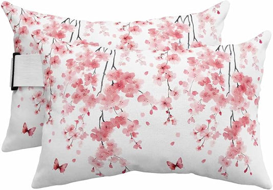 Pack of 2 Outdoor Lumbar Cushions with Inserts, Pink Peach Blossoms Flowers Branches Butterflies Waterproof Fluffy Fade Body Pillows, Patio Furniture Pillow for Home Balcony Garden Decor 11x16IN