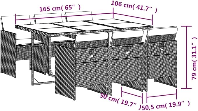 7 Piece Patio Dining Set with Cushions Black Poly Rattan Outdoor Garden Furniture Table and 6 Chairs for Backyard Deck Poolside Dining Folding Space Saving Comfortable Seating Acacia Wood Top