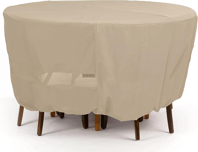 Covermates Classic Round Patio Dining Table and Chair Set Cover – All-Weather Outdoor Furniture Protection, Water-Resistant Vinyl, Elastic Hem, Mesh Vents, 54DIAMETER x 25H, Classic Tan
