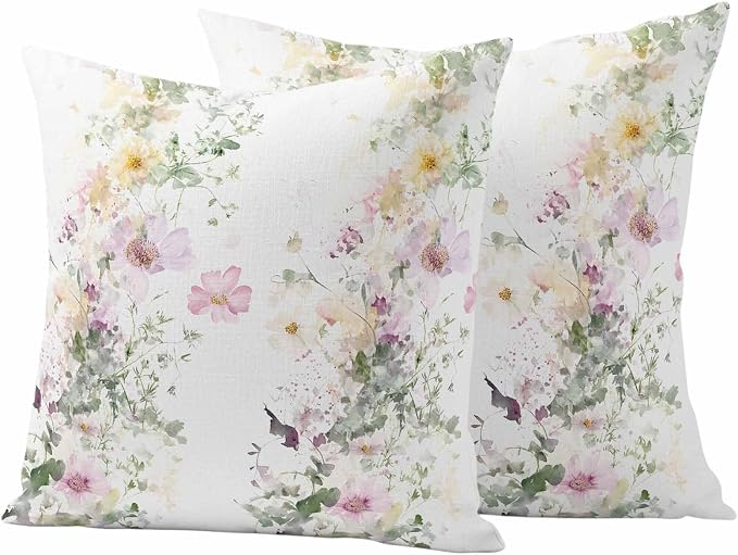 Watercolor Flowers Outdoor Waterproof Throw Pillow Covers Set of 2, 24"x24", Spring Retro Floral Purple Green Yellow Decorative Pillow Covers Outside Cushion Case for Patio Porch Garden