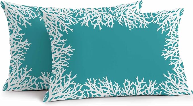 Vandarllin Outdoor Throw Pillows Covers 20x12 inch Set of 2 Waterproof Turquoise Coral Decorative Zippered Cushion Covers for Patio Furniture, Coastal Marine Life Lumbar Pillowcases
