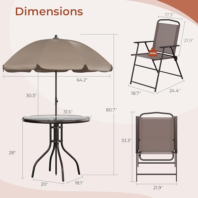 TLSUNNY 6 Pieces Patio Dining Set with 65″ Umbrella, Outdoor Table and Chairs with 31.5″ Round Glass Table, 4 Folding Textilene Chairs, Patio Dining Set W/Steel Frame, for Poolside, Backyard (Brown)