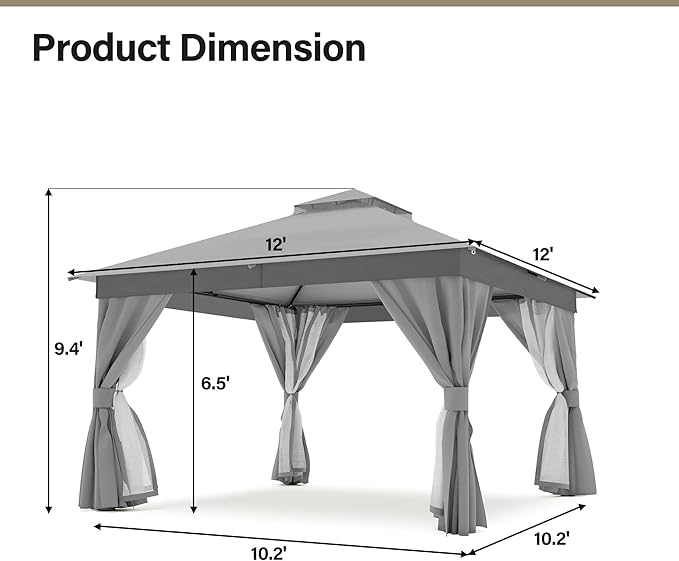 LAUSAINT HOME Patio Gazebo 12'x12', Outdoor Heavy Duty Party Tent Shelter with Double Roofs, Mosquito Nettings and Privacy Screens for Backyard, Garden, Lawn, Gray