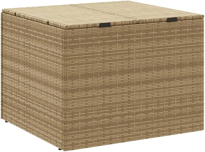 77 Gallon Garden Storage Box, Large Outdoor Deck Bin for Patio Furniture Cushions, Weather-Resistant Poly Rattan Container with Steel Frame, Mix Beige
