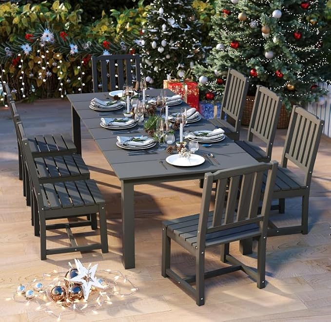 9-Piece HDPE Patio Dining Set for 8, 75.2" Table,Gray | HDPE material, umbrella hole design, weather-resistant patio furniture, perfect for yard, lawn, garden, balcony, deck