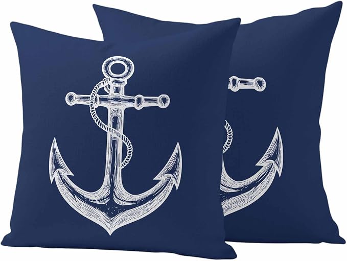 Nautical Outdoor Waterproof Throw Pillow Covers Set of 2, 26"x26", Anchor Rope Coastal Navy Blue Minimalist Decorative Pillow Covers Outside Cushion Case for Patio Porch Garden