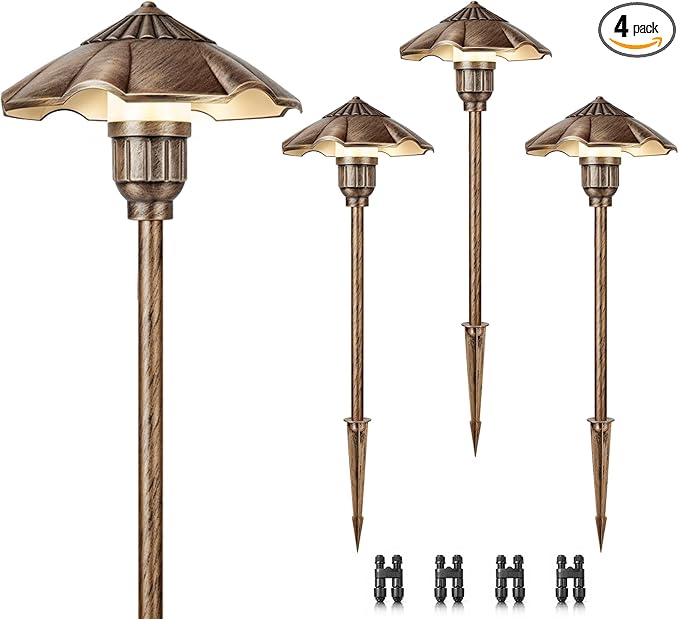 Low Voltage Landscape Lighting 4-Pack, Aluminum 12-24V AC/DC 2900K Pathway Lights, Waterproof Oil Rubbed Bronze Color Wired Path Lights with Connectors for Walkway Yard Garden