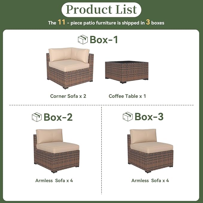Aoxun 11 Piece Patio Furniture Set Wicker Rattan Patio Conversation Set Outdoor Sectional Sofa Set with Coffee Table and Thickened Cushions, Beige