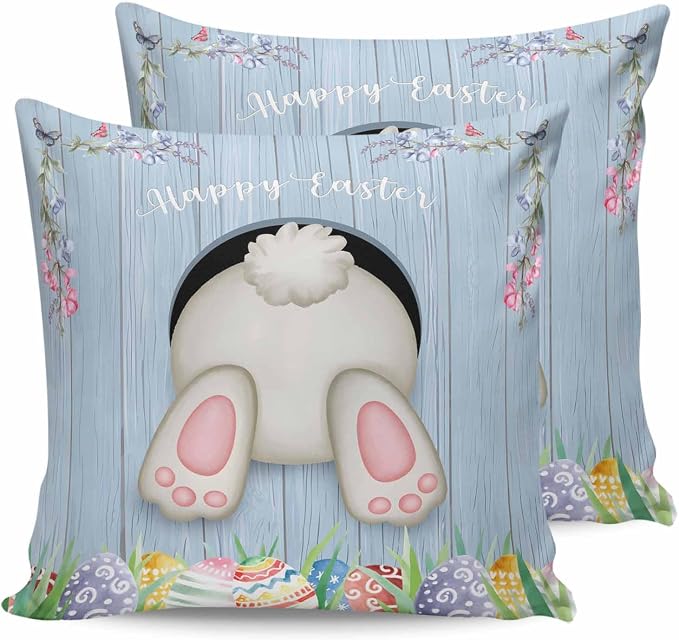 Vandarllin Outdoor Throw Pillows Covers 16X16 Set of 2 Waterproof Bunny Butt Easter Eggs Decorative Zippered Lumbar Cushion Covers for Patio Furniture, Spring Flower Wood Grain