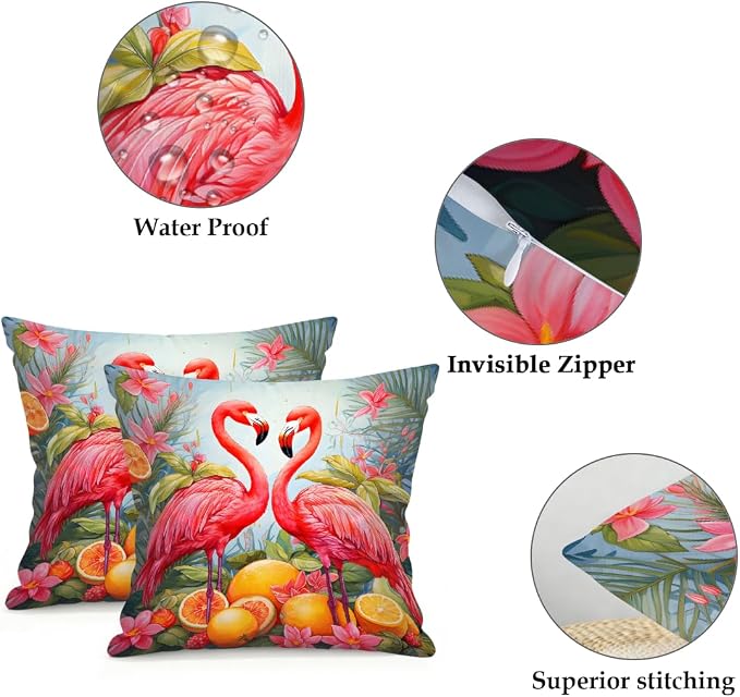 Flamingos Lemon Summer Fruit Outdoor Throw Pillow Covers 20x20 Inch Set of 2 Waterproof Decorative Square Pillowcases Cushion Cases for Patio Couch Garden Furniture Sofa