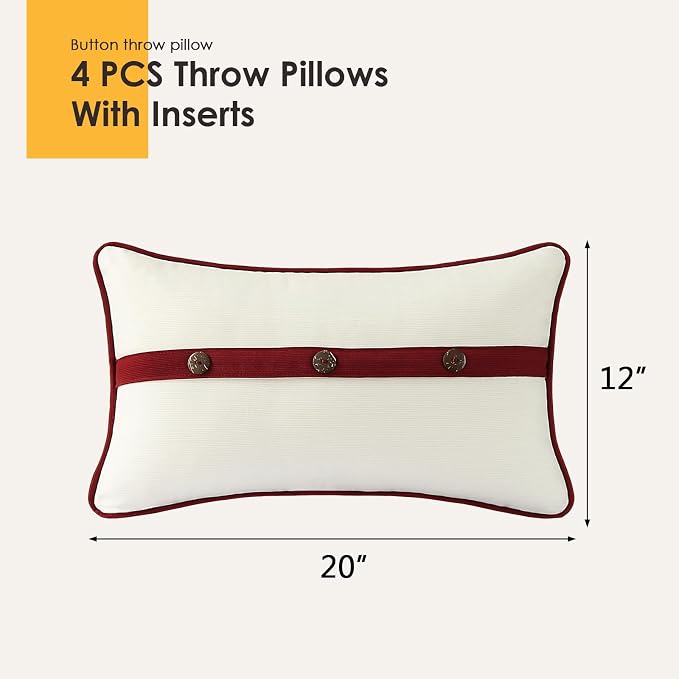Outdoor Sunbrella Decorative Pillows with Triple Coconut Buttons Pack of 4, 20" x 12" Outdoor Pillow Set for Couch Bed Throw Patio Sofa, Spectrum Eggshell/Spectrum Ruby