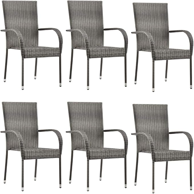 7 Piece Patio Dining Set Gray Poly Rattan Outdoor Furniture with Tempered Glass Tabletop and Stackable Chairs