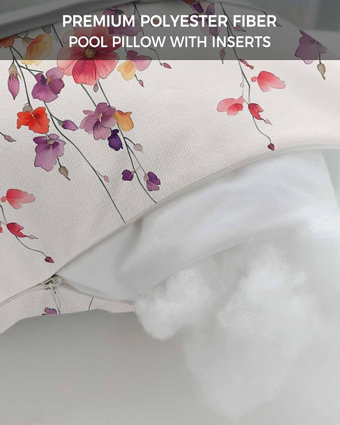 Pack of 2 Outdoor Lumbar Cushions with Inserts, Modern Colorful Flowers Watercolor Vine Texture Waterproof Fluffy Fade Body Pillows, Patio Furniture Pillow for Home Balcony Garden Decor 12x20IN