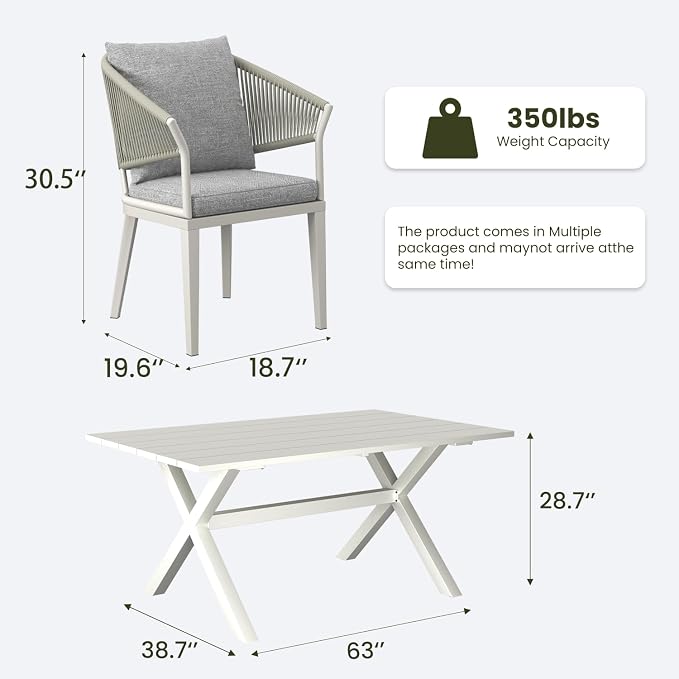 LayinSun 5 Piece Outdoor Dining Table Set, Aluminum Modern Rectangular Dining Table and All-Weather Wicker Chairs Set for Patio Deck Indoor Decor Kitchen