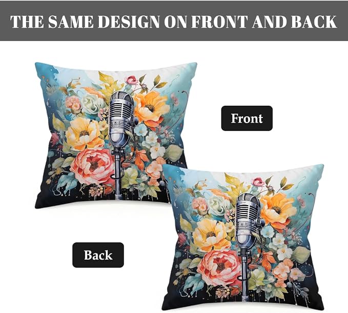 18x18 Inch Outdoor Pillow Covers Set of 2 Waterproof Throw Pillow Covers Decorative Couch Cushion Covers Microphone Floral Square Pillowcases Protectors for Patio Garden Sofa