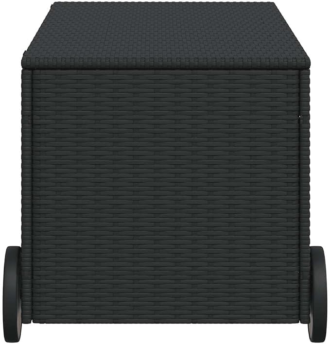 Garden Storage Box Black 50.4 Gallon Outdoor Storage Container with Wheels Water Resistant Poly Rattan for Patio Garden and Terrace