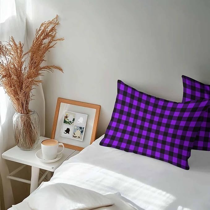 Outdoor Waterproof Throw Pillow Covers Set of 2 Purple Buffalo Plaid Lumbar Pillowcases 20x12 Inches Pastoral Black Checked Decorative Pillows Cushion Case Patio Pillows for Couch Bed Chair Garden