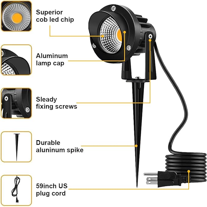 Romwish LED Landscape Spotlights 10W, 120V Plug in Outdoor Spot Lights, 1100LM 3000K Warm White Landscape Lighting, IP65 Waterproof Garden Lights for Yard Tree Pathway Flag - 2 Pack