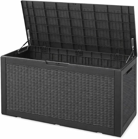 100 Gallon Resin Deck Box, Lockable Patio Outdoor Storage Box for Furniture, Garden Tools and Tools Storage, Waterproof Outside Storage Boxes - Black