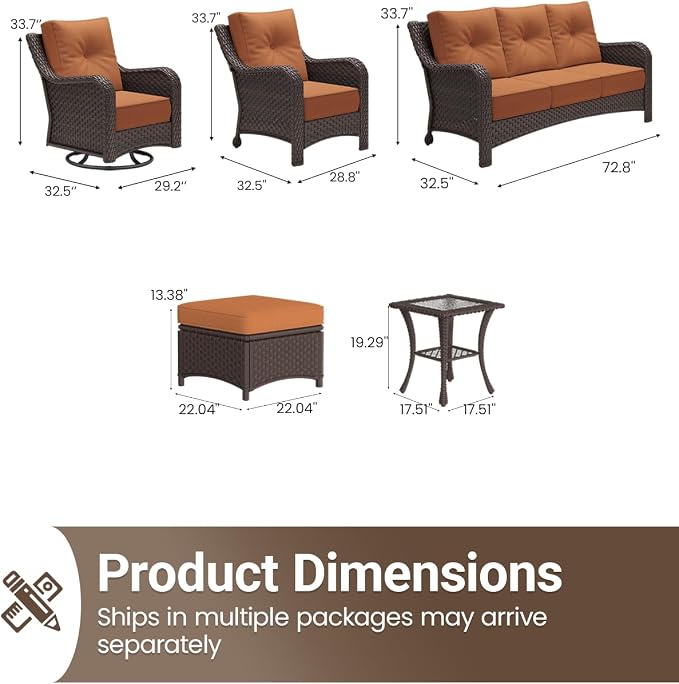 9 Pieces Outdoor Furniture Set with 6-inch Cushions, High Back Wicker Swivel Rocker Chairs with Coffee Table, Luxury Conversation Set for Deck Patio and Poolside
