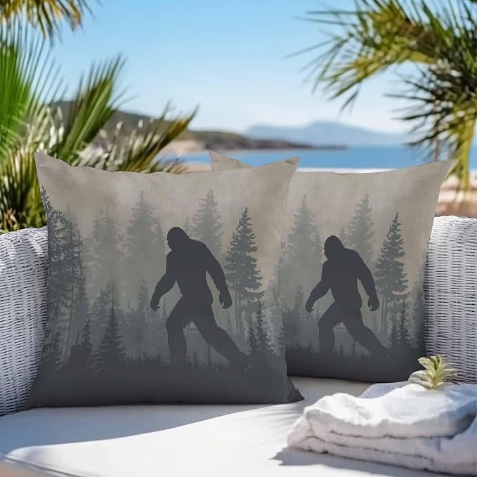Forest Bigfoot Outdoor Pillow Covers Pack of 2 Vintage Sasquatch Animal Silhouette Foggy Dark Forest Plant Waterproof Pillow Covers Decor Cushion Cases for Patio Garden Tent Balcony Couch 16x16 inch
